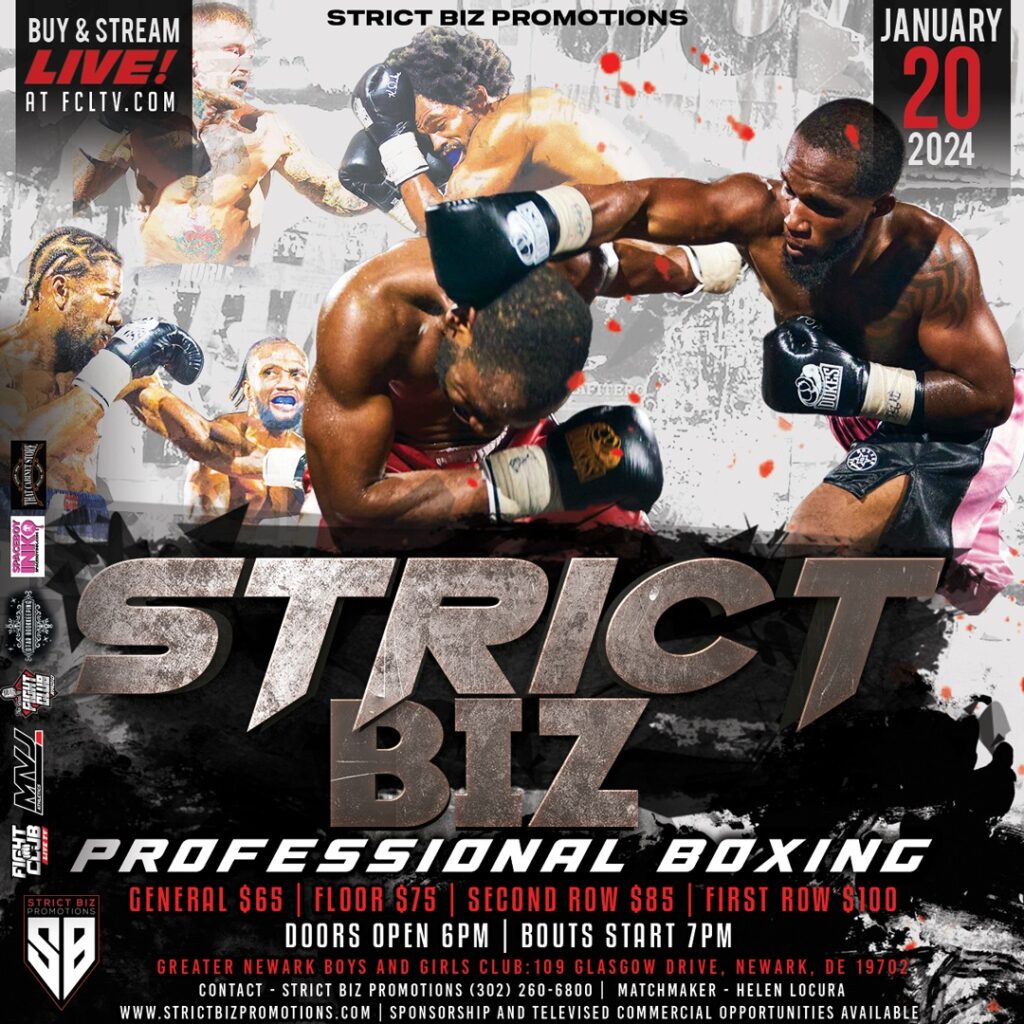 Professional Boxer takes a swing at his opponent, text informed viewer of an upcoming professional boxing event in delaware on january 20th, 2024 at the greater newark boy & girls club